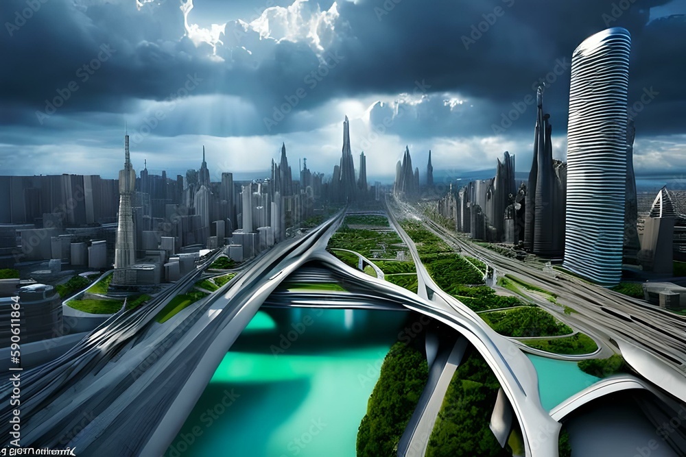 Future city made from bright concrete and steel, metropolis, brutalist, waterways, waterfalls, dramatic clouds, green lava streets, god rays, digital art, landscape, fantasy art, octane render, ureal 