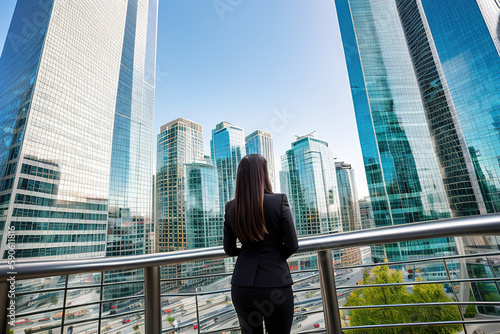 Business woman looks at the city of skyscrapers from the office, view from the back, unrecognizable face. Generative AI.
