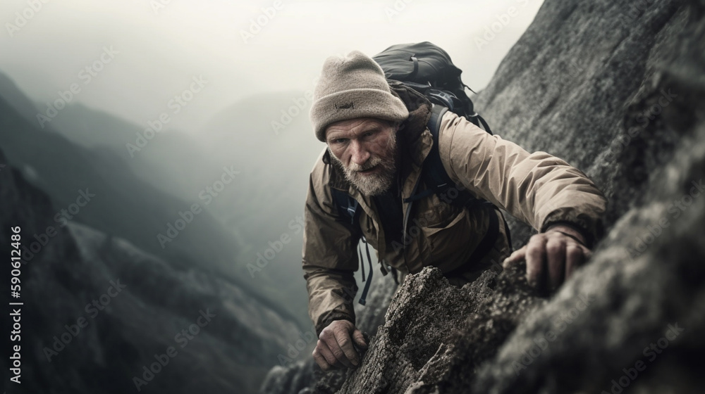 People Never giving up, strength and power. Man feeling determined climbing up a steep mountainside Generative AI