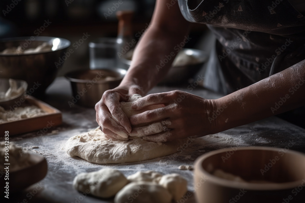 woman hands kneading dough, making bread.generative ai