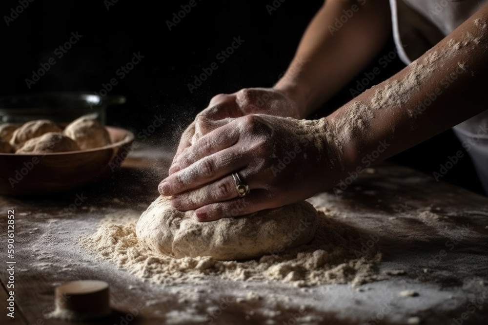 woman hands kneading dough, making bread.generative ai