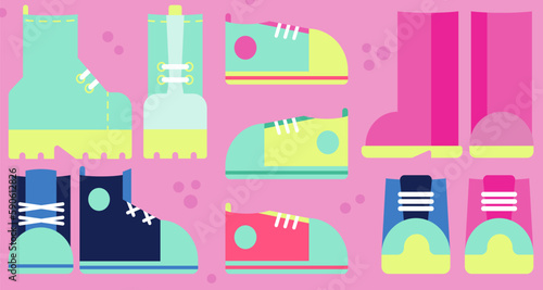 Set of different walking shoes on pink background, vector illustration