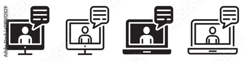Set of icons online training in computer and laptop. Webinar symbol, video conference, e-learning. Distance workshop, online course, video tuition, vector.