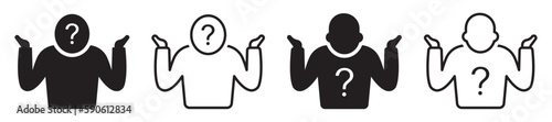 Set of shrug icons, doubt. Question mark, unsure, people, man. Vector.