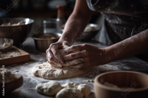 woman hands kneading dough, making bread.generative ai