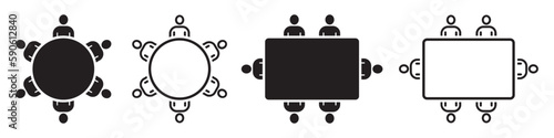 Set of people at the table. People around the round table and square table. Team business meeting icons, collaboration, teamwork, conference, Concilium. Vector.