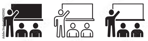 Set of training icons. Education sign, presentation, teaching, workshop, teacher, learner, classroom. Instructor symbol, conference. Vector.