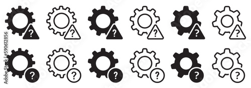 Set of gears with question marks. Technical support symbol, problem solving, setting icon. Vector.