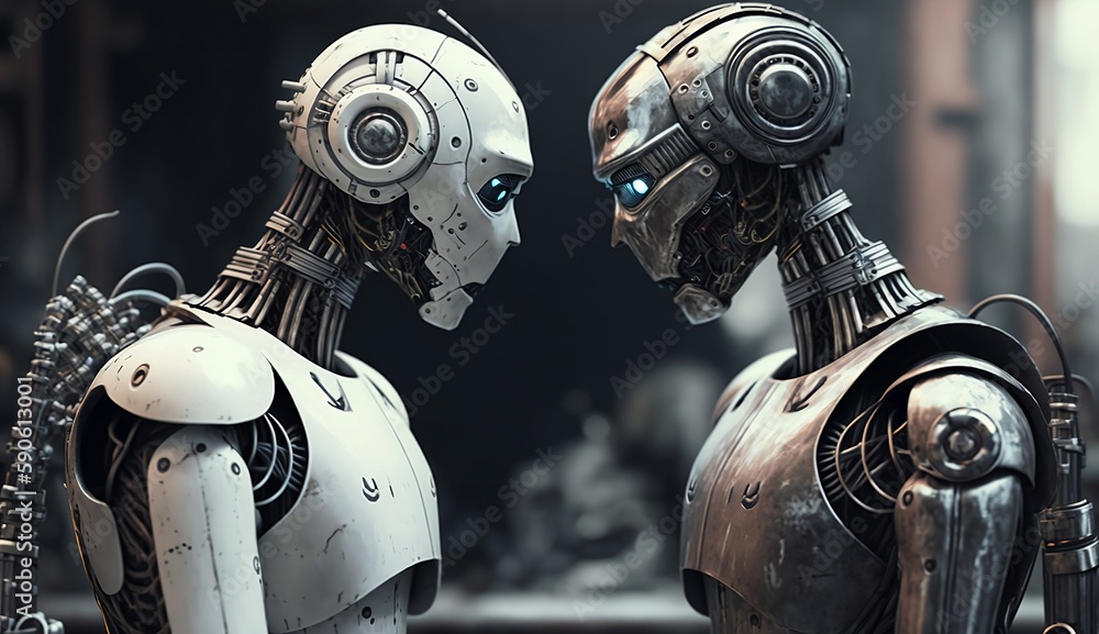 Fototapeta premium Humanoide Roboter mit Künstlicher Intelligenz, die einander Gefühle zeigen. Generative AI