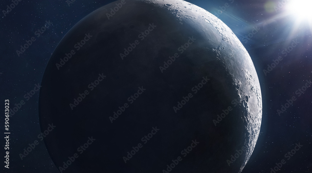 Moon surface in deep bright space. Future Artemis mission from Earth planet on Moon satellite. Return of astronauts. Elements of this image furnished by NASA  - obrazy, fototapety, plakaty 
