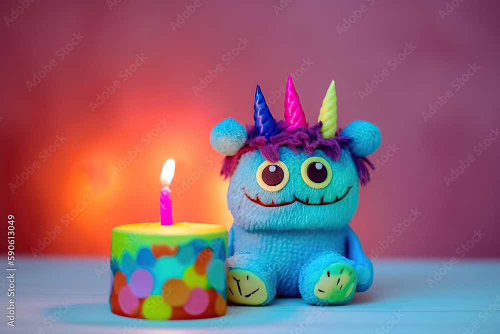 Cute fluffy blue monster with a bright birthday cake on a purple background. Colored toy congratulations. Generative AI