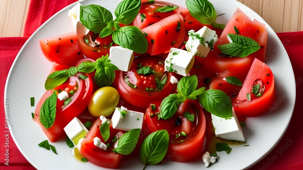 Tomato salad with watermelon, mint and feta cheese - generative ai Tomato salad with watermelon, mint and feta cheese - generative ai