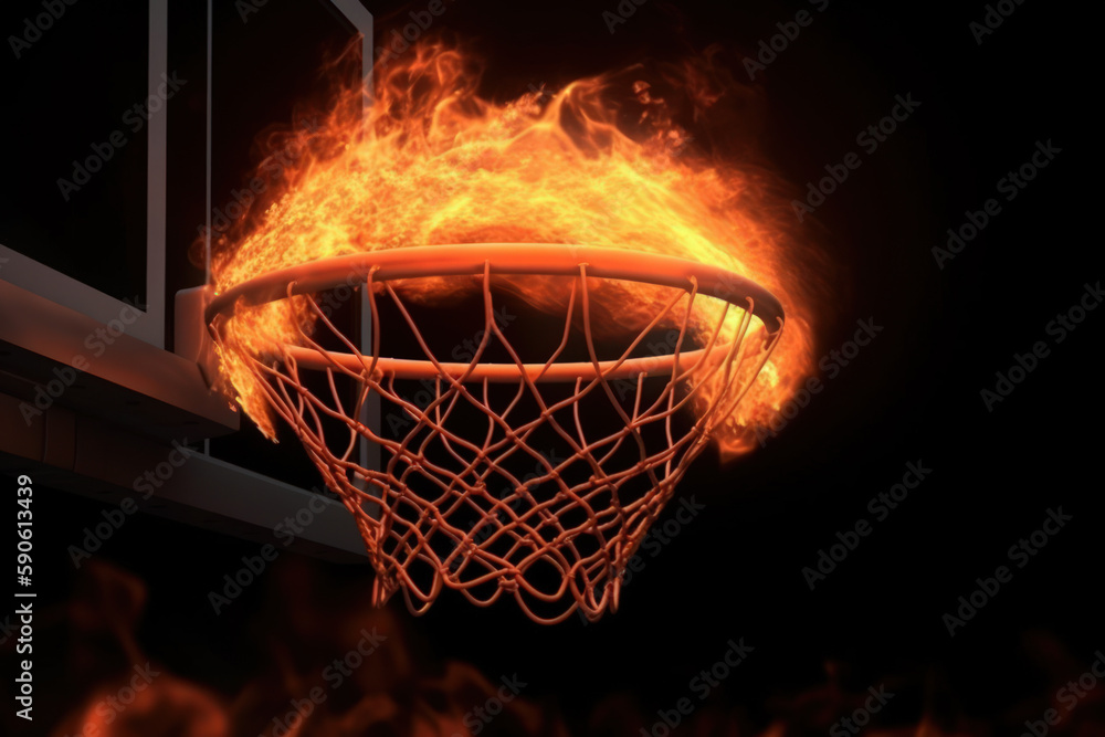 basketball sport, basket in orange fire on dark generative ai