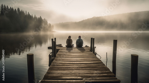 Wooden pier on the lake with ypung couple sitting on the pier © bahadirbermekphoto