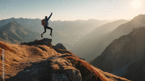 Jumping man in mountains vacations outdoor Travel Lifestyle adventure concept active success motivation and fun euphoria emotions. back view. Generative AI