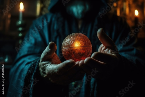 the hands of the sorcerer wizard hold a magic ball for fortune-telling the prediction of the future generative ai