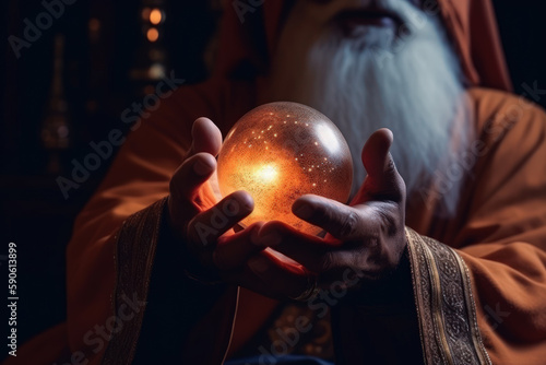 the hands of the sorcerer wizard hold a magic ball for fortune-telling the prediction of the future generative ai