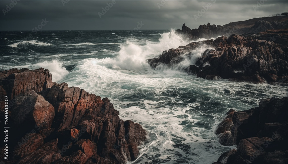 Breaking waves crash against rugged coastline rocks generated by AI