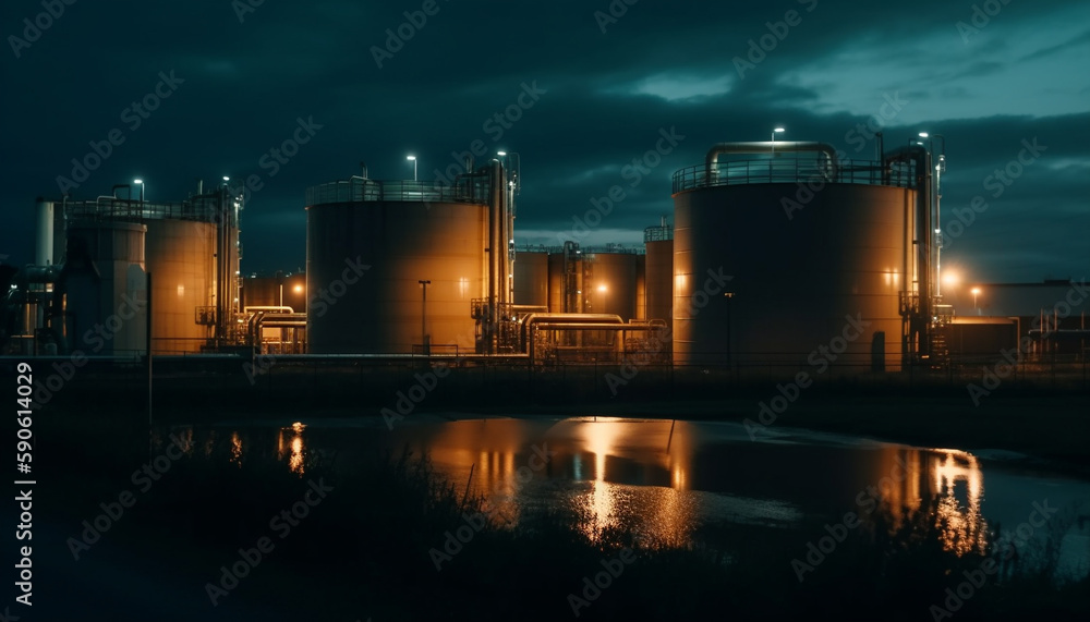Obraz premium Fuel refinery illuminated at night with pipelines generated by AI
