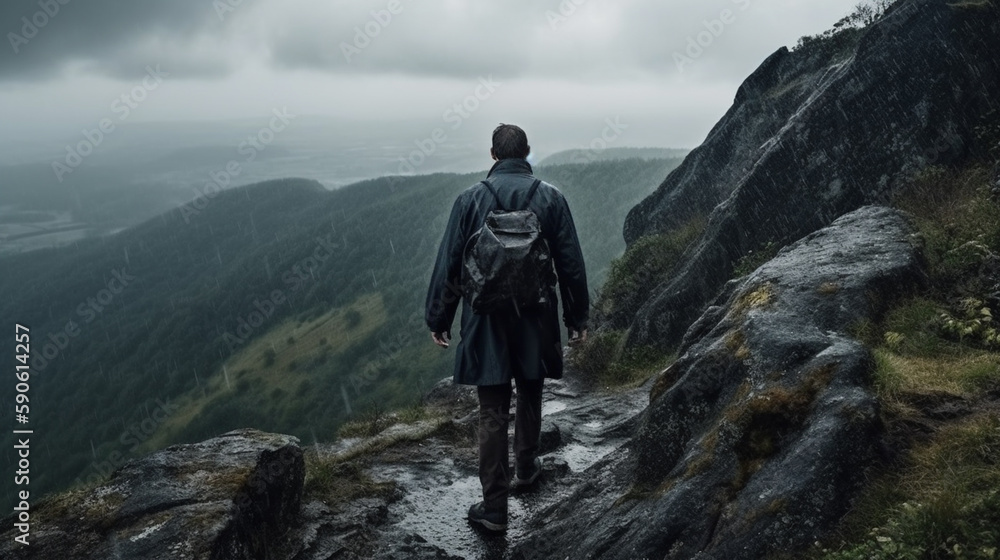 businessman Never giving up, strength and power. Man feeling determined climbing up a steep mountainside. back view. bad weather, rainy day businessman Never giving up, strength and power. Man feeling determined climbing up a steep mountainside. back view. bad weather, rainy day