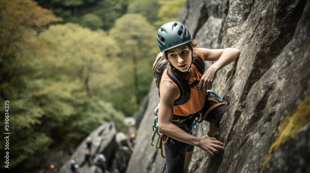 Obraz premium Female rock climber hanging in one arm of steep craggy wall