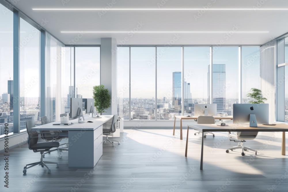 Fototapeta premium modern office space with floor-to-ceiling windows offering panoramic views of the city skyline, ergonomic furniture, and state-of-the-art technology for a productive work environment - Generative AI