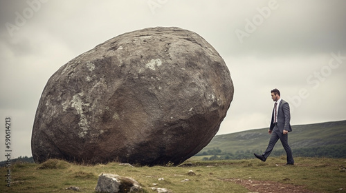 Young businessman pushing large stone uphill Generative AI