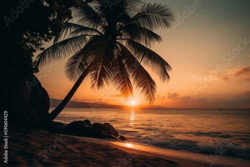 palm tree by the beach at sunset Generative AI