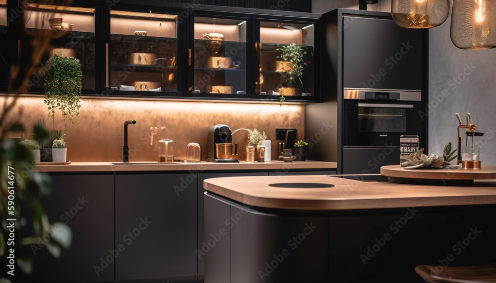 Elegant modern kitchen with stainless steel appliances generated by AI
