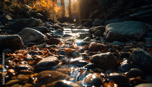 Water flowing over pebbles in tranquil forest generated by AI