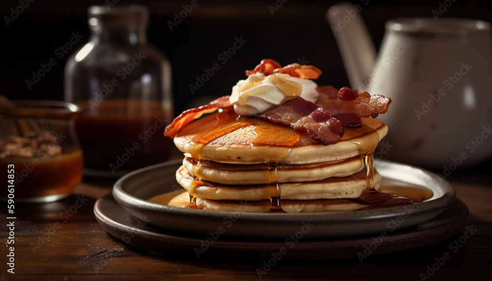Stack of Pancakes Ready to Eat with Syrup Drizzle generated by AI Stack of Pancakes Ready to Eat with Syrup Drizzle generated by AI