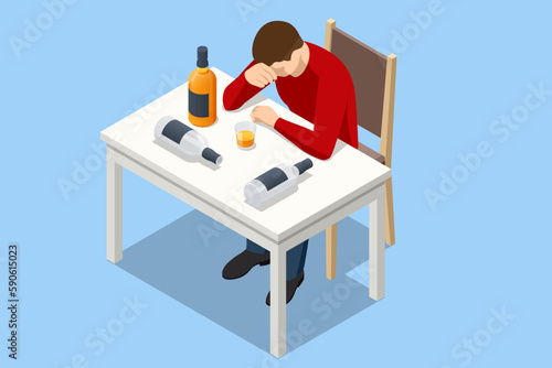 Isometric Alcohol Addiction Concept. Depressed Man Suffering from Alcoholism