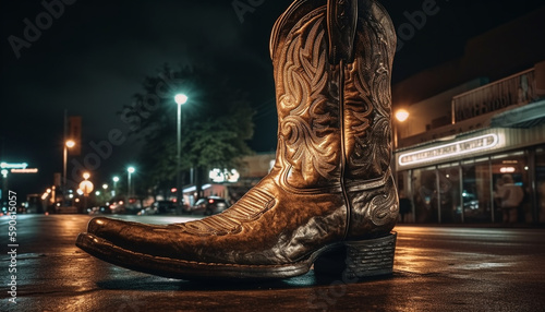 Shiny leather boots illuminate the night streets generated by AI
