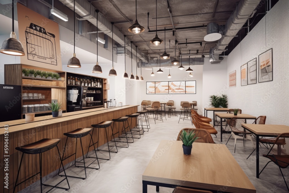 trendy co-working space with an industrial-chic design, communal workstations, cozy meeting pods, and an artisan coffee bar, catering to the needs of the modern-day freelancer - Generative AI