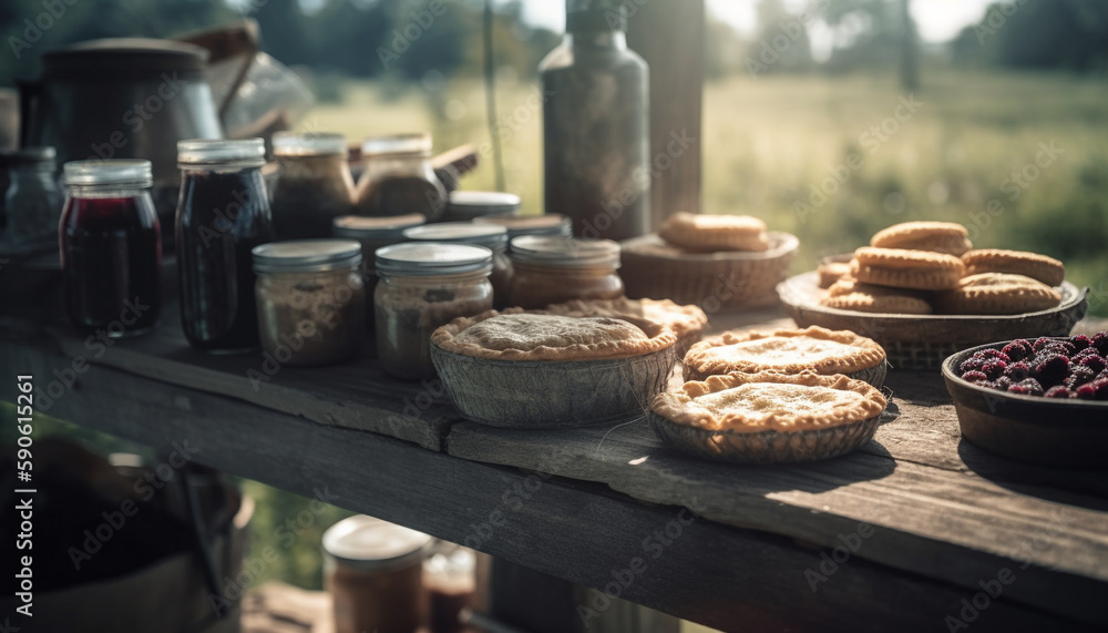 Sweet homemade blueberry muffins on rustic wooden table generated by AI Sweet homemade blueberry muffins on rustic wooden table generated by AI