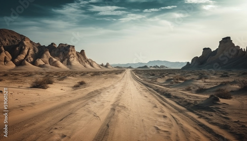 Sand dune and rocky cliff create beauty generated by AI