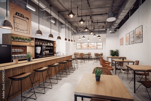 trendy co-working space with an industrial-chic design  communal workstations  cozy meeting pods  and an artisan coffee bar  catering to the needs of the modern-day freelancer - Generative AI