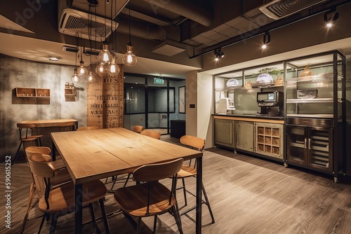 trendy co-working space with an industrial-chic design, communal workstations, cozy meeting pods, and an artisan coffee bar, catering to the needs of the modern-day freelancer - Generative AI