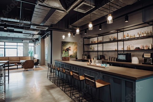 trendy co-working space with an industrial-chic design, communal workstations, cozy meeting pods, and an artisan coffee bar, catering to the needs of the modern-day freelancer - Generative AI © Hanjin