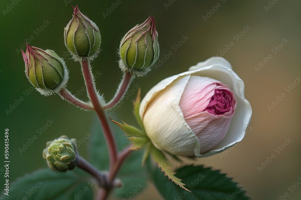 Rosa chinensis (China rose Monthly rose), a white and pink flower bud, captured in macro. Generative AI Rosa chinensis (China rose Monthly rose), a white and pink flower bud, captured in macro. Generative AI