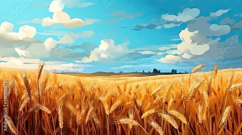 Beautiful illustration of a ripe wheat field against the blue sky, representing summertime. Generative AI