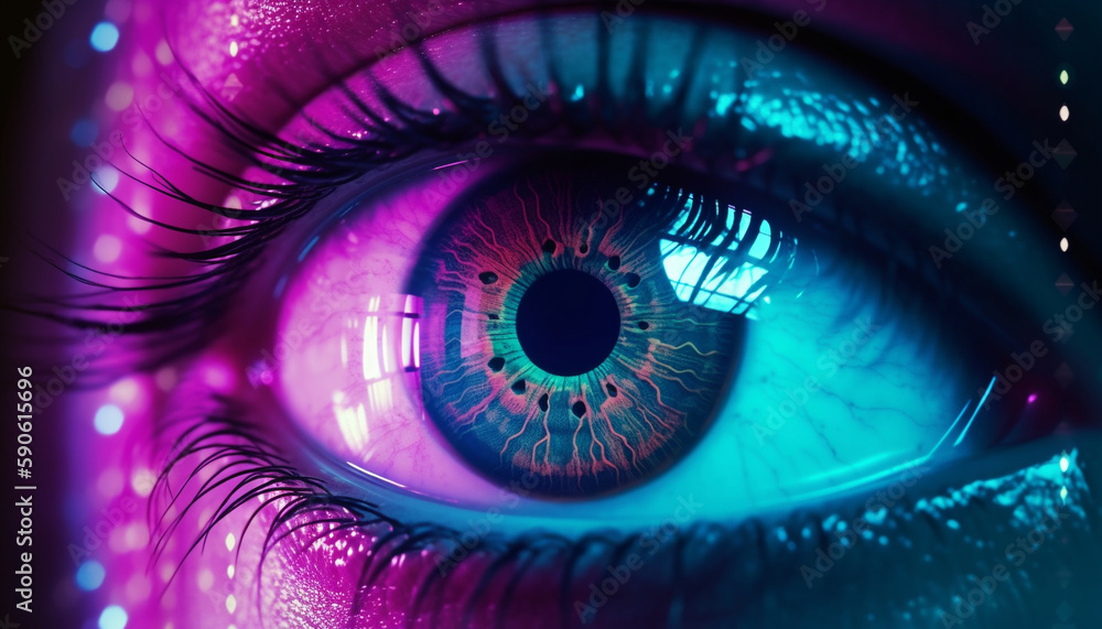 Bright blue iris glowing in close up macro generated by AI Bright blue iris glowing in close up macro generated by AI