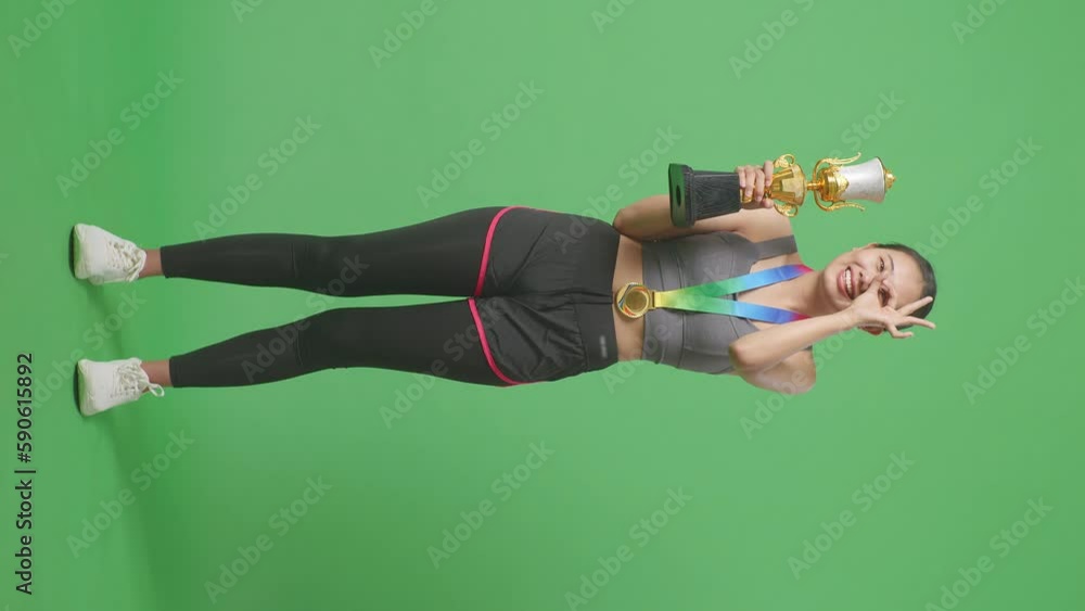 Full Body Of Asian Woman With A Gold Medal And Trophy Showing Okay Hand ...