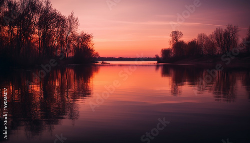 A tranquil sunset reflection over the water generated by AI