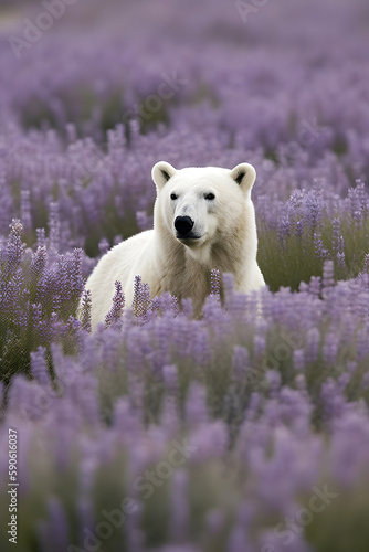 Polar White Bear in field of Lawanda flowers