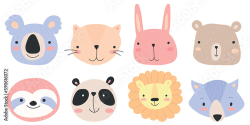  Cute animal faces. Hand drawn character. Vector illustration. Cat, bear, lion, panda, sloth, koala, bunny, wolf.