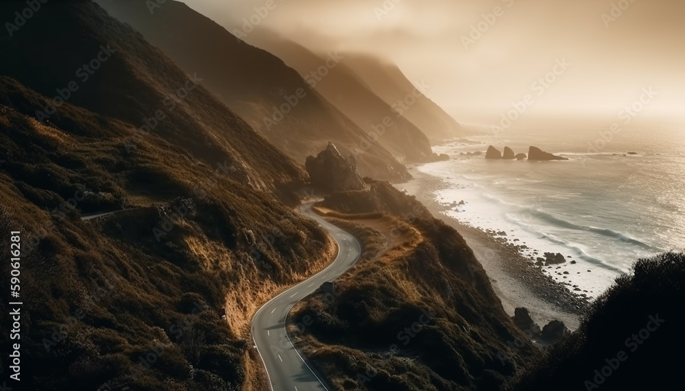 Majestic sunset over rugged coastal mountains in Big Sur generated by AI