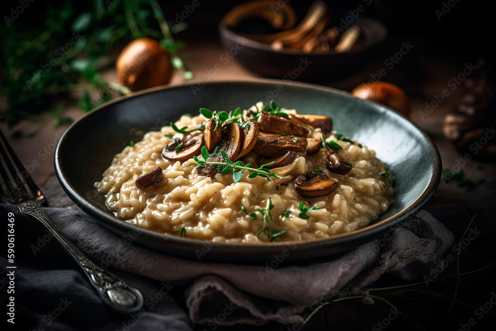 Bowl of creamy risotto with sautéed mushrooms, garnished with parmesan and fresh herbs. Bowl of creamy risotto with sautéed mushrooms, garnished with parmesan and fresh herbs.