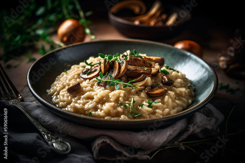 Bowl of creamy risotto with sautéed mushrooms, garnished with parmesan and fresh herbs. photo