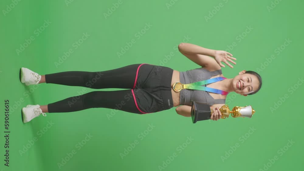 Full Body Of Asian Woman With A Gold Medal And Trophy Waving Her Hand ...